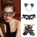 Black lace cat ears headband, hollow eye mask and rose gloves three-piece set for party - 017 Black Set (Include Headband/Mask/Gloves)