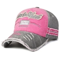 Pink and grey vintage distressed baseball cap with 1969 embroidery and frayed edges - Pink Top Grey Brim