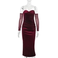 Detail of burgundy velvet dress with ruched texture and matching mesh long sleeves - S / Burgundy