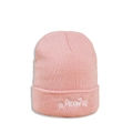 Detailed close-up of pink knitted beanie with white MEOW embroidery and cat whisker design - M (56-58cm) / Dusky Pink