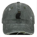 Distressed washed cotton baseball cap with black cat embroidery and ripped vintage design - Green