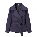 Trench corto da donna viola scuro con revers classici e cintura regolabile in vita - S / Grigio Ardesia