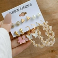 Vintage gold geometric earring set with pearls and butterflies on display card - E047/Multicolor Style / Gold/Pink