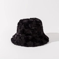 Detailed view of black plush checkerboard bucket hat with soft faux fur texture - One Size / Black