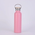 Matte pink stainless steel water bottle with bamboo lid and metal handle loop - Pink (Wood Lid)