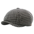 Classic grey checkered newsboy cap for men and women with leather side detail - Black
