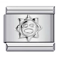 Italian charm bracelet link in silver finish featuring a sun face stamping pattern - Steel Sun Face-Y489