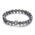 Grey labradorite beaded bracelet with silver metal lion head charm and elastic cord - Gray Labradorite/Map Stone Lion Head Style (KB70575-BD) / 8mm