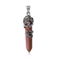 Brown goldstone hexagonal pendant with vintage silver flower wrap and leaf detail - Pendant Only (Without Chain) / Gold Sandstone