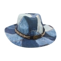 Vintage denim fedora hoed met blauw patchwork patroon en bronzen stierenkop gesp - Eén maat / Lichtblauw (Denim Patchwork)