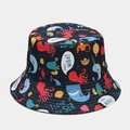 Reversible dark blue bucket hat with colorful ocean animal prints and text - Deep Blue Cartoon Marine Life