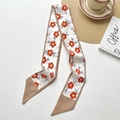 Elegant floral skinny scarf with orange flowers and khaki tips for hair or bag decor - Khaki Line Small Floral
