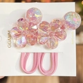 Close-up of pink crystal flower and bead elastic hair ties set on a handmade display card - Pink