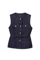 Detail of dark blue sequin tweed vest featuring ornate golden spiral relief buttons - S / Navy Blue