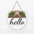 Round wooden Hello door sign with green plants and black and white buffalo plaid bow - 28x28x0.5cm / Color Block Style (M80561Q)