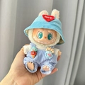 Labubu doll in blue corduroy overalls and bucket hat with red love embroidery - Big Mouth Fish Overalls + Blue Heart Hat / First And Second Generation Keychains Are Compatible With La Cloth Dolls. Dolls Not Included.