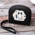 Cartera corta semicircular negra para mujer con diseño de gato y correa de muñeca - Negro