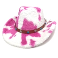 Close-up of pink cow print faux fur cowboy hat with turquoise studded leather band - M (56-58cm) / Heart-shaped Top / Rose Red