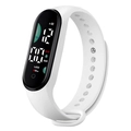Minimalist white sports smart band with black oval touch screen showing fitness data - White