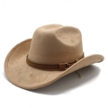 Khaki faux suede western cowboy hat with brown leather band and gold buckle detail - M(56-59CM) / Light Khaki (Suede)