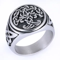 Macro shot of retro stainless steel ring featuring intricate Tree of Life engraving - Size 7 / Vintage Embossed Style (Style 12)