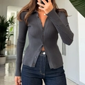 Slim fit dark grey ribbed knit cardigan with long sleeves and front button closure - S / Dark Gray