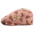 Vintage jacquard flat cap for women featuring colorful butterfly patterns in pink tones - Adjustable / Pink Snap Button