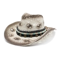Hollowed-out hand-woven straw cowboy hat with turquoise beads and metallic charms - M(56-58cm) / White Coffee