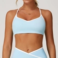 Hellblauer Sport-BH mit weißem Kontrastrand und V-Ausschnitt, High-Waist Design - M / Wasserblau