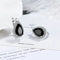 Pear-shaped black stone earrings with silver plating and white halo crystals - Black Diamond Led Pair - 125
