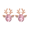 Rose gold reindeer stud earrings with pink gemstone and crystal antlers in a set - Light Pink
