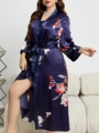 Plus size dark blue floral satin robe and nightgown set with waist tie for women - 3XL / Navy Large Flower