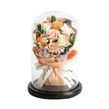 Champagne and white soap rose bouquet in a clear glass dome with a dark wooden base - Orange and White Rose Bouquet, String Lights and Gift Bag