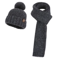 Dark grey knitted beanie with faux fur pom and scarf set featuring subtle glitter accents - Two-Piece Set / Black and Gray