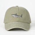 Close-up of high-quality shark embroidery on a vintage khaki washed cotton baseball cap - Light Khaki