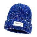 Royal blue knitted beanie with colorful flecks and a central white fabric brand label - Royal Blue