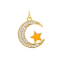 Gold star and moon pendant with white zircon and orange enamel in 18K plating - Orange Moon Star