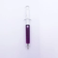 Syringe-shaped ballpoint pen with purple liquid filling on a white background - Purple Barrel