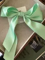 Elegant mint green satin bow hair clip with long ribbons on a textured woven tray - Mint Green