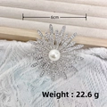 Silver flower brooch with central white pearl and sparkling crystals, 6cm size - Silver One Pearl Star