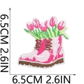 Detail view of pink boot-shaped embroidery patch with tulips and 6.5cm size markings - Boot with Tulip