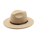 Classic beige woolen jazz hat with black leather belt and gold rivets on a white background - Camel
