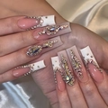 Luxurious long coffin press-on nails with white French tips and sparkling rhinestones - Pink French Luxury Rhinestone Style (SGCY-423) / Glue Type