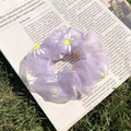 Purple organza scrunchie with daisy floral print on vintage newspaper background - Purple Mesh Daisy
