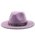 Lavender wide brim wool felt jazz fedora hat with colorful snakeskin patterned belt strap - L(58-60cm) / Lavender