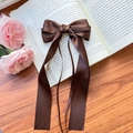 Brown satin ribbon bow hair clip with long streamers on vintage French book background - Dark Coffee