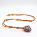 Handmade woven net necklace with natural blue sodalite stone and adjustable brown cord - Blue Sodalite