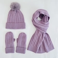 Women's 3-piece winter knit set with beanie, scarf, and gloves in light purple fleece - Purple