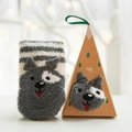 Plush coral fleece warm Christmas socks with grey husky pattern in gift box packaging - Adult (No Gift Box) / Grey Striped Dog
