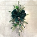 Guirnalda navideña de lágrima para escalera con lazo de terciopelo y luces LED - 60*30cm / Verde (Con LED)